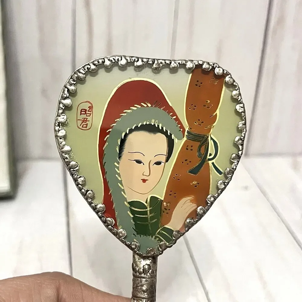Vintage Asian Heart Shaped Hand Mirror Geisha Enamel Faux Jade Handle